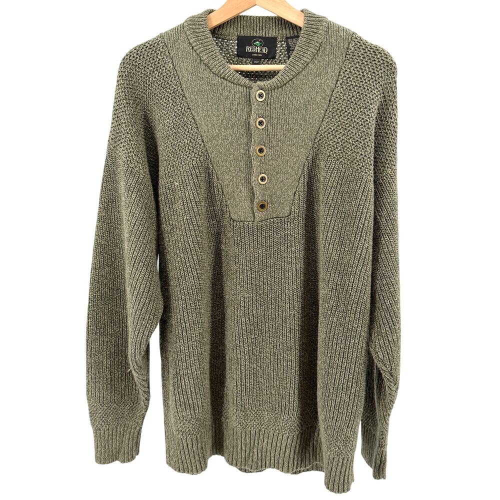 Vintage 90s RedHead Olive Green Waffle Knit Henley Sweater